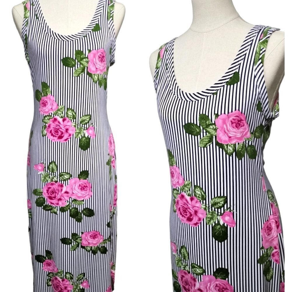 1104) Ultra Flirt Pink Roses Stripe Maxi Dress Size XL (Runs Smaller)👗